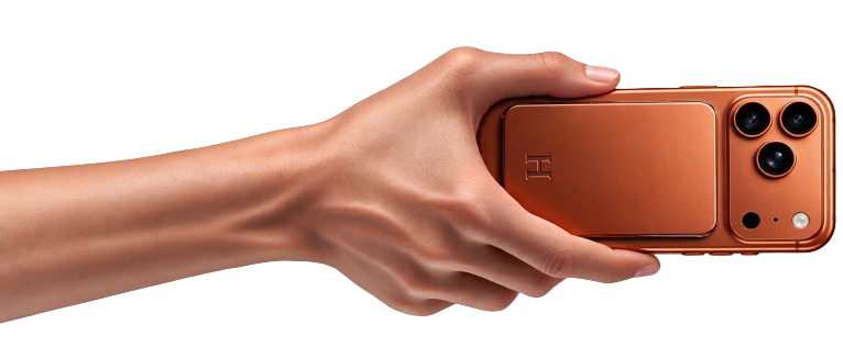 Holster No. 1 attached to an iPhone held in one hand