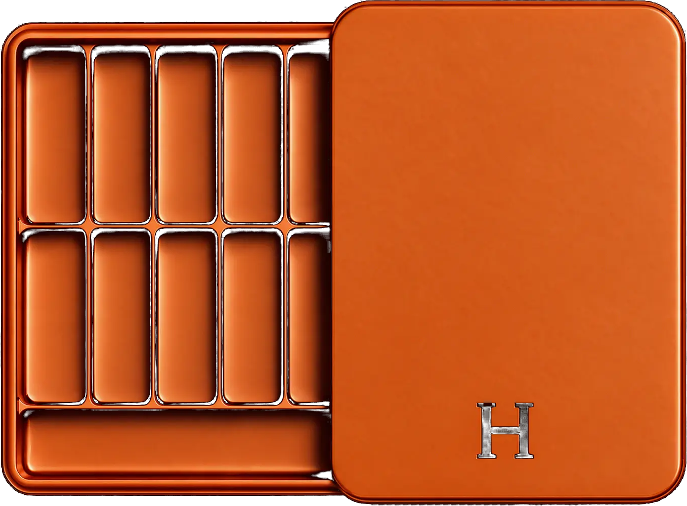 Holster No. 1 burnt orange pouch holder, shown open with its matching lid